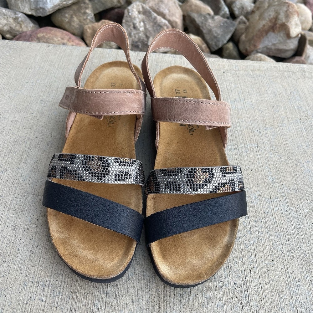 Naot Krista Sandals Womens Brown Black Cheetah Slingback Rhinestone Size 37 US 6